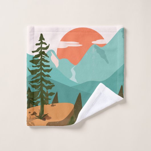 Modern Abstract Forest, Mountains, and Sunrise Bad Handdoek (Wasdoekje)