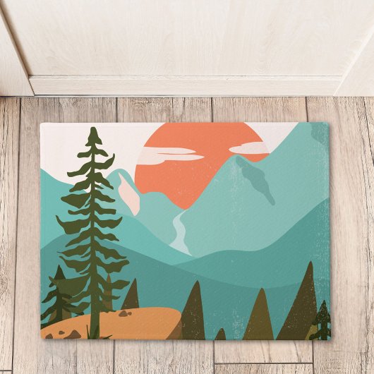 Modern Abstract Forest, Mountains, and Sunrise Deurmat