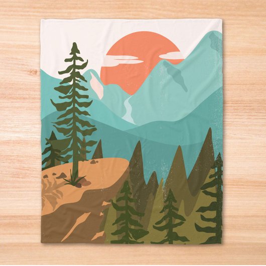 Modern Abstract Forest, Mountains, and Sunrise Fleece Deken