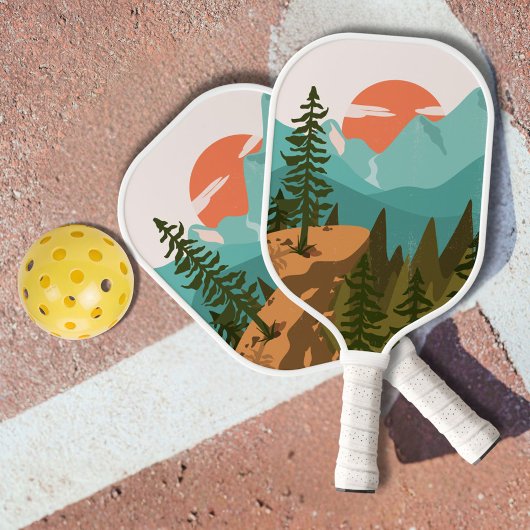 Modern Abstract Forest, Mountains, and Sunrise Pickleball Paddle