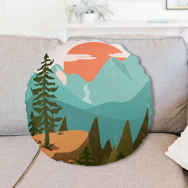 Modern Abstract Forest, Mountains, and Sunrise Rond Kussen