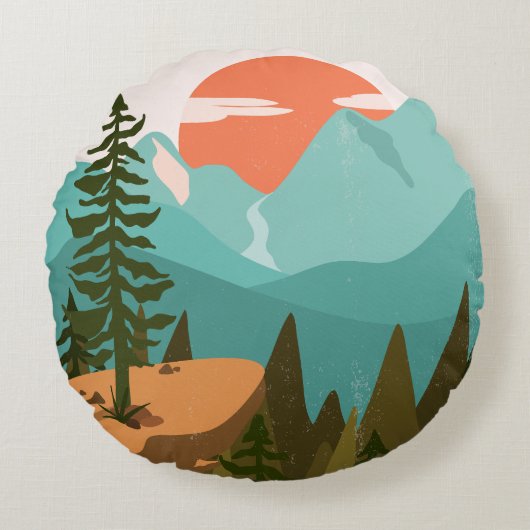 Modern Abstract Forest, Mountains, and Sunrise Rond Kussen (Voorkant)
