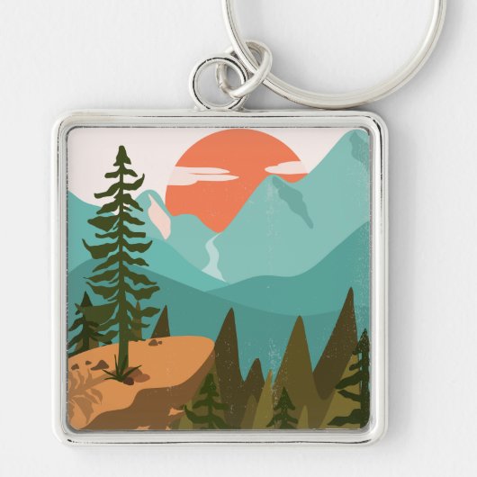 Modern Abstract Forest, Mountains, and Sunrise Sleutelhanger (Voorkant)