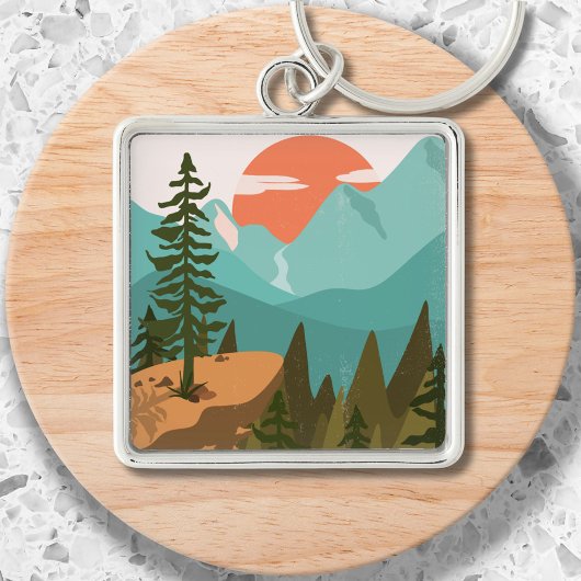 Modern Abstract Forest, Mountains, and Sunrise Sleutelhanger