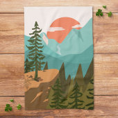 Modern Abstract Forest, Mountains, and Sunrise Theedoek