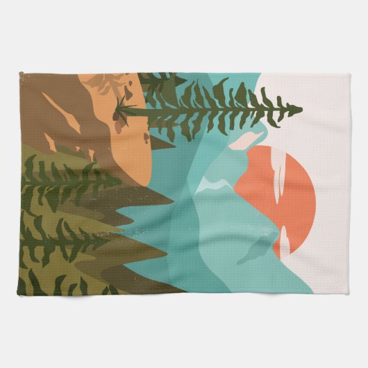 Modern Abstract Forest, Mountains, and Sunrise Theedoek (Horizontaal)