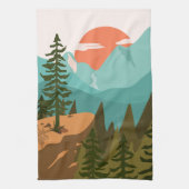 Modern Abstract Forest, Mountains, and Sunrise Theedoek (Verticaal)