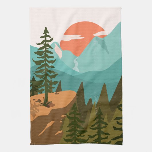 Modern Abstract Forest, Mountains, and Sunrise Theedoek (Verticaal)