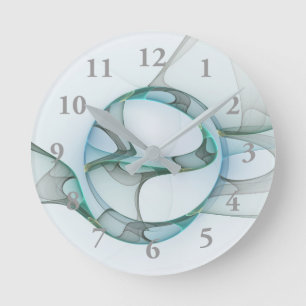 Modern Abstract Fractal Art Blue Turquoise Gray Ronde Klok