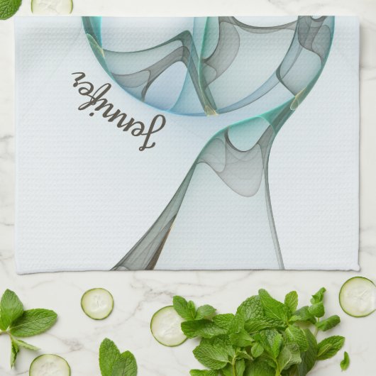 Modern Abstract Fractal Blue Turquoise Gray Name Theedoek (Gevouwen)