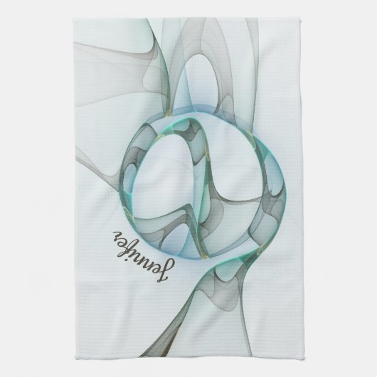 Modern Abstract Fractal Blue Turquoise Gray Name Theedoek (Verticaal)