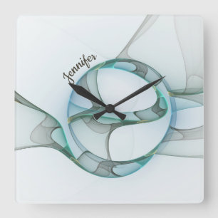 Modern Abstract Fractal Blue Turquoise Gray Name Vierkante Klok