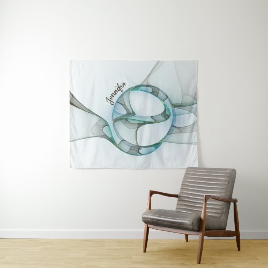 Modern Abstract Fractal Blue Turquoise Gray Name Wandkleed (In Situ (horizontaal))