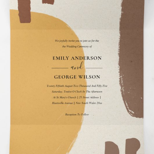 MODERN ABSTRACT GEEL ORANJE KUNSTMATIGE WEDING T DRIELUIK UITNODIGING (Binnenkant midden)