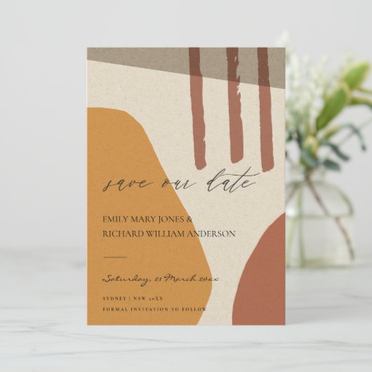 MODERN ABSTRACT GEEL RUST KRAFT ARTISTIC ART SAVE THE DATE (Staand voorkant)
