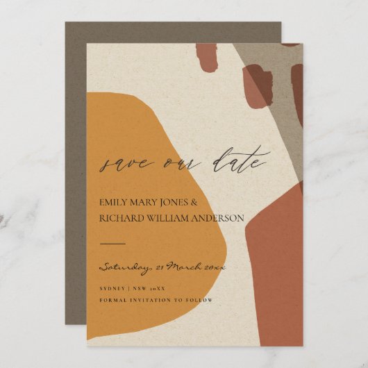 MODERN ABSTRACT GEEL TERRACOTTA ARTISTIEK ART SAVE THE DATE (Voorkant / Achterkant)