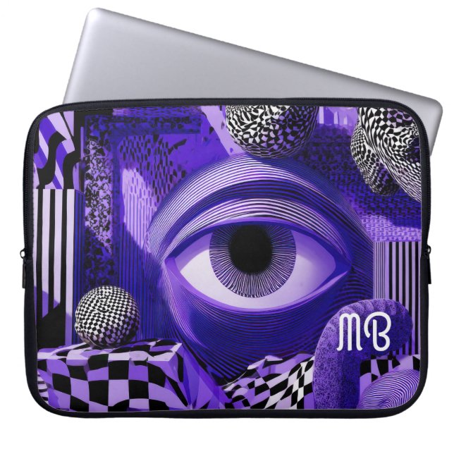Modern Abstract Geometric Black White Purple 15" Laptop Sleeve (Voorkant)