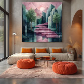 Modern Abstract geometrisch landschap roze en groe Canvas Afdruk