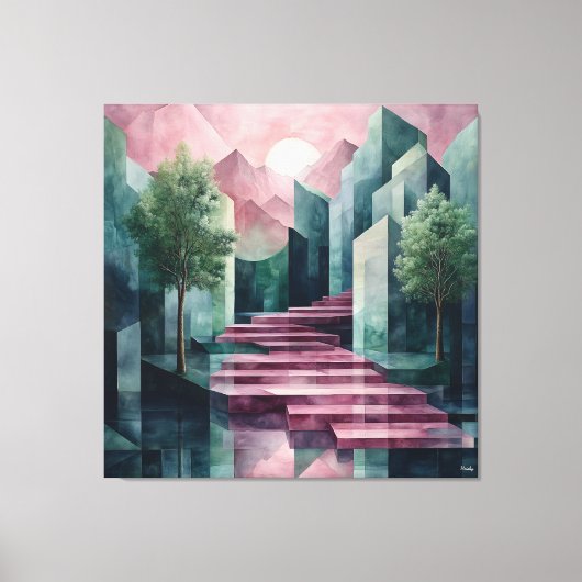 Modern Abstract geometrisch landschap roze en groe Canvas Afdruk (Voorkant)