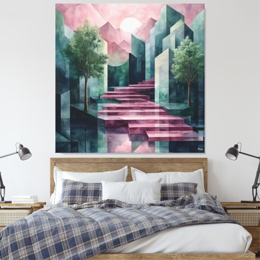 Modern Abstract geometrisch landschap roze en groe Canvas Afdruk (Insitu (Slaapkamer))