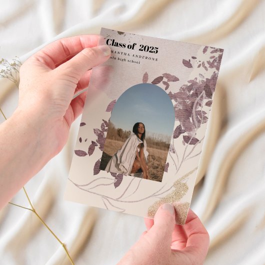 Modern Abstract goud en Paarse Afstuderen Vellum Uitnodigingen