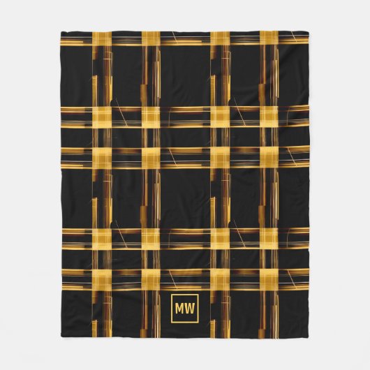 Modern abstract, goud en zwart plaid monogram fleece deken (Voorkant)