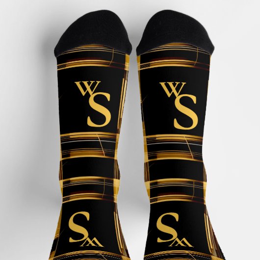Modern abstract, goud en zwart plaid monogram sokken (Top)