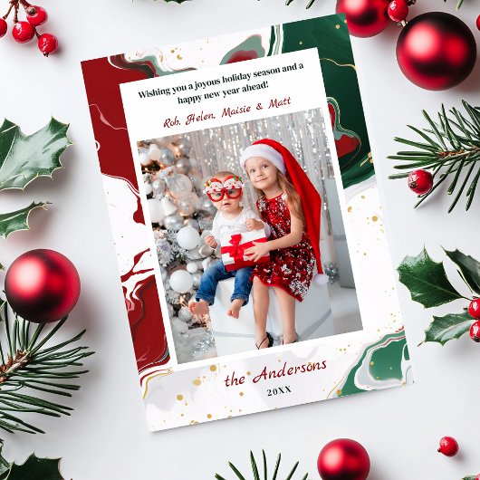 Modern Abstract Green/Red Christmas Photo Feestdagenkaart