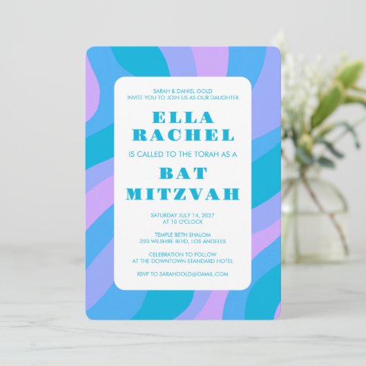 Modern Abstract Groovy Roze Blu Custom Bar Mitzvah Kaart (Staand voorkant)