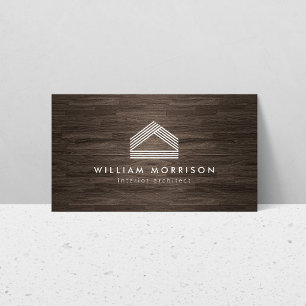 Modern Abstract Huis Logo op Dark Woodgrain Visitekaartje