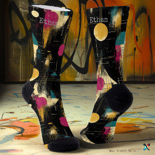 Modern Abstract in geel, Blauwgroen, Magenta op zw Sokken