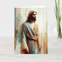 Modern Abstract Jezus Portret Halo en Blauwe Sjerp