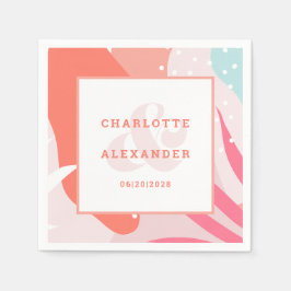 Modern Abstract koraal huwelijk Datum Bride & Groo Servet