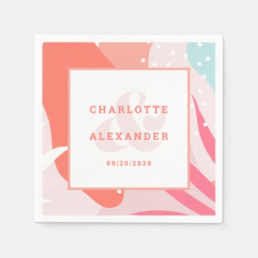 Modern Abstract koraal huwelijk Datum Bride & Groo Servet (Voorkant)