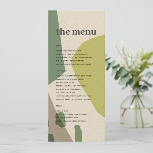 MODERN ABSTRACT LIME GREEN KRAFT ARTISTIC WEDING MENU (Staand voorkant)