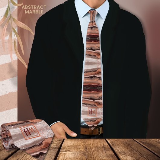 Modern Abstract Marmer Roze Beige Bruin Monogram Stropdas