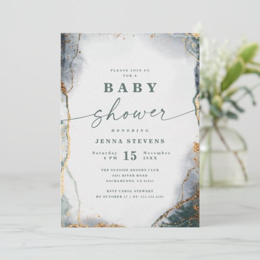 Modern Abstract Navy Green & Gold Baby shower Kaart (Staand voorkant)