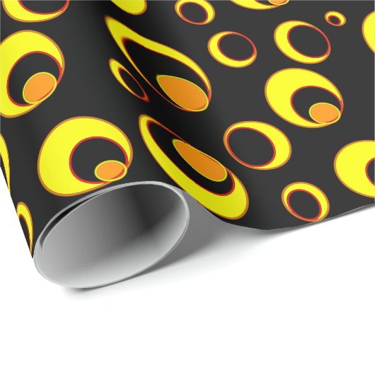 Modern abstract ontwerp, gele cirkels op zwart cadeaupapier (Rol Hoek)