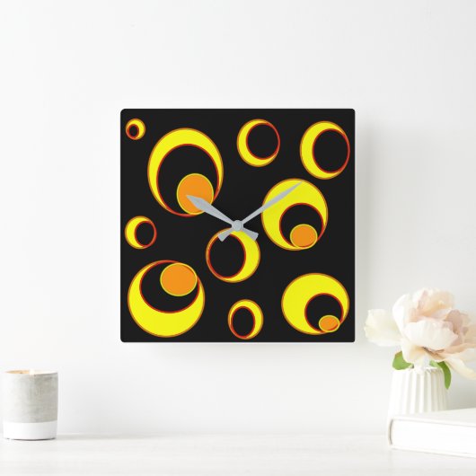 Modern abstract ontwerp, gele cirkels op zwart vierkante klok (Huis)