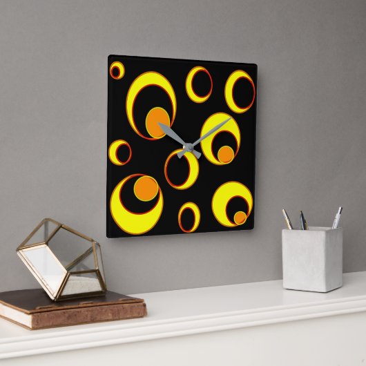 Modern abstract ontwerp, gele cirkels op zwart vierkante klok (Kantoor)