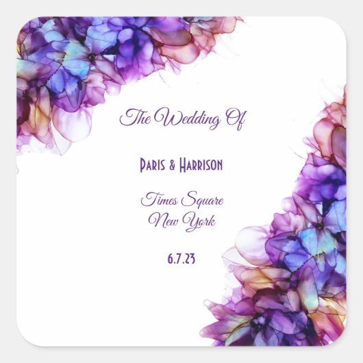 Modern Abstract Paars Haze Alcohol Ink Wedding Vierkante Sticker (Voorkant)