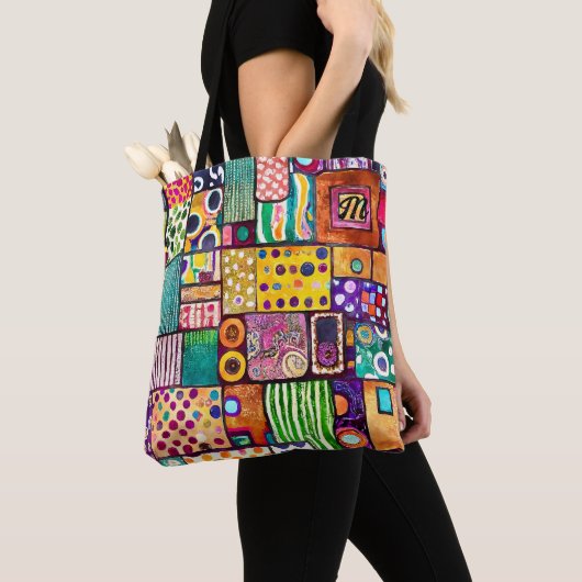 Modern Abstract Patchwork Patroon Monogram Tote Bag (Dichtbij)