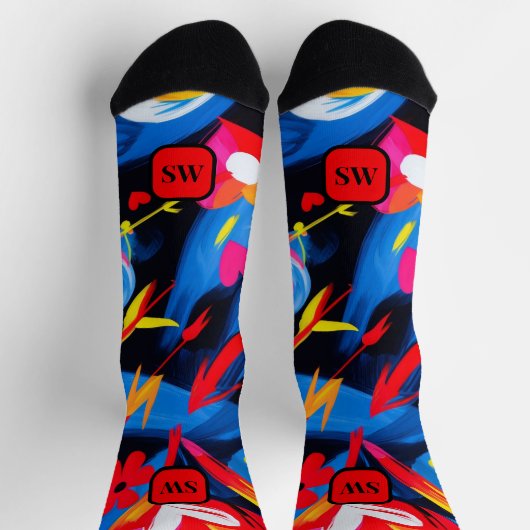 Modern abstract rood blauw geel monogram sokken (Top)