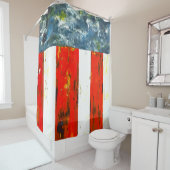 Modern Abstract rood, wit en blauw vlagachtig Douchegordijn (In situ)