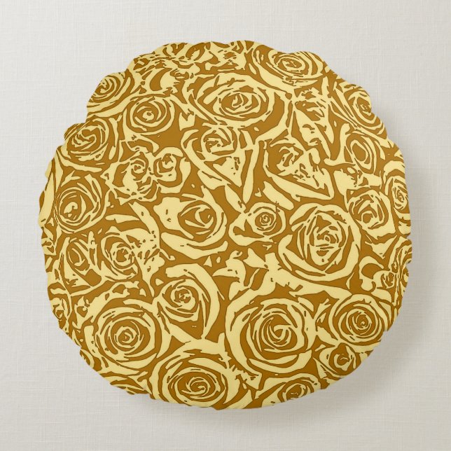 Modern Abstract Roos Patroon, Mustard Yellow Rond Kussen (Voorkant)