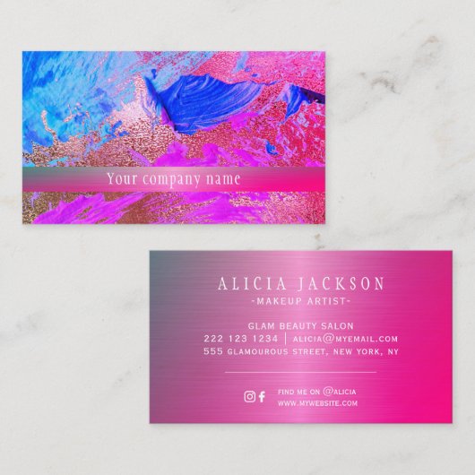 Modern abstract roze blauw metallic visitekaartje (Voorkant / Achterkant)