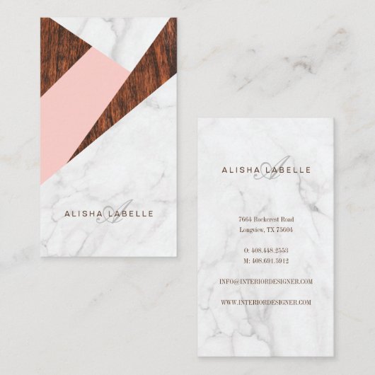 Modern Abstract roze, wit marmer en houtnerf Visitekaartje (Voorkant / Achterkant)