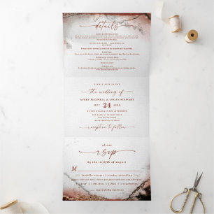 Modern Abstract rustiek Sinaasappel & grijs Fall W Drieluik Uitnodiging