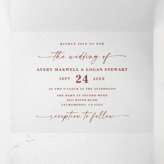 Modern Abstract rustiek Sinaasappel & grijs Fall W Drieluik Uitnodiging (Binnenkant midden)