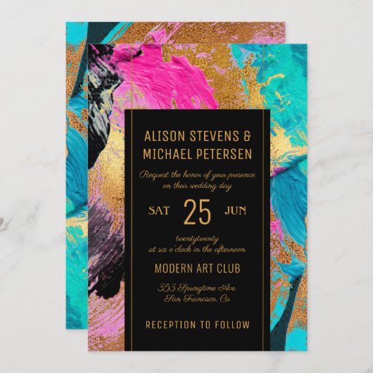 Modern abstract schildergoudschrift, donkerbruilof kaart (Voorkant / Achterkant)